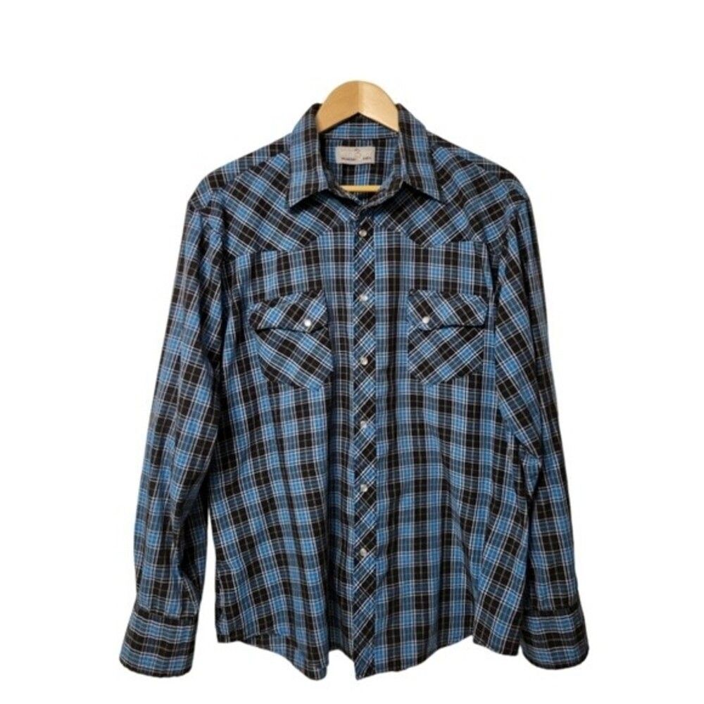 Wrangler Western Shirt Men M /L Blue Black Plaid Long Sleeve